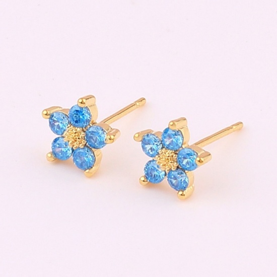 Imagen de Exquisito Estilo Ins Pendientes de Poste de Oreja Al Por Mayor, Flor Azul Circón Artificial Chapado en Oro de 18K Latón, Mujeres Regalo Suministro de Joyería, 7.5mm Dia., 1 Par