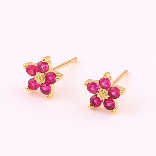 Imagen de Exquisito Estilo Ins Pendientes de Poste de Oreja Al Por Mayor, Flor Rojo Circón Artificial Chapado en Oro de 18K Latón, Mujeres Regalo Suministro de Joyería, 7.5mm Dia., 1 Par
