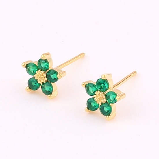 Imagen de Exquisito Estilo Ins Pendientes de Poste de Oreja Al Por Mayor, Flor Verde Circón Artificial Chapado en Oro de 18K Latón, Mujeres Regalo Suministro de Joyería, 7.5mm Dia., 1 Par