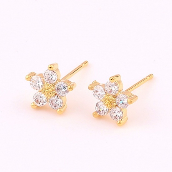 Imagen de Exquisito Estilo Ins Pendientes de Poste de Oreja Al Por Mayor, Flor Claro Circón Artificial Chapado en Oro de 18K Latón, Mujeres Regalo Suministro de Joyería, 7.5mm Dia., 1 Par