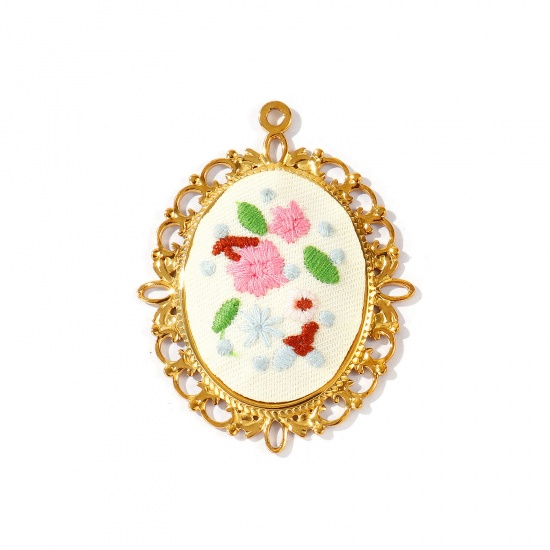 Immagine di 1 Pz PVD Ecologica Anti-Ossidante Ipoallergenico 304 Acciaio Inossidabile Ciondoli Pendenti All'Ingrosso 18K Vero Oro Placcato Multicolore Ovale Fiore Fatto Ricamato 6.1cm x 4.8cm