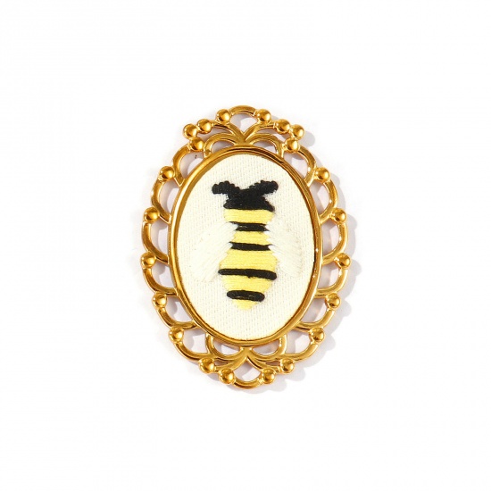Immagine di 1 Pz PVD Ecologica Anti-Ossidante Ipoallergenico 304 Acciaio Inossidabile Insetto Ciondoli Pendenti All'Ingrosso 18K Vero Oro Placcato Nero Ovale Ape Fatto Ricamato 4.5cm x 3.3cm