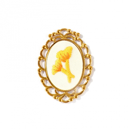 Immagine di 1 Pz PVD Ecologica Anti-Ossidante Ipoallergenico 304 Acciaio Inossidabile Ciondoli Pendenti All'Ingrosso 18K Vero Oro Placcato Giallo Ovale Fiore Fatto Ricamato 4.5cm x 3.3cm