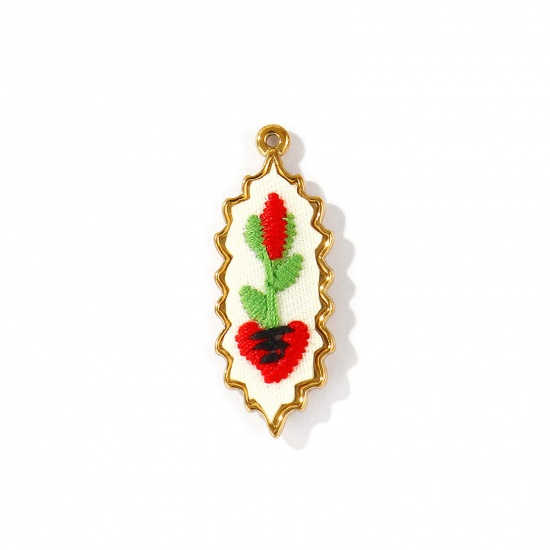 Immagine di 1 Pz PVD Ecologica Anti-Ossidante Ipoallergenico 304 Acciaio Inossidabile Ciondoli Pendenti All'Ingrosso 18K Vero Oro Placcato Rosso Foglia Fiore Fatto Ricamato 3.9cm x 1.5cm