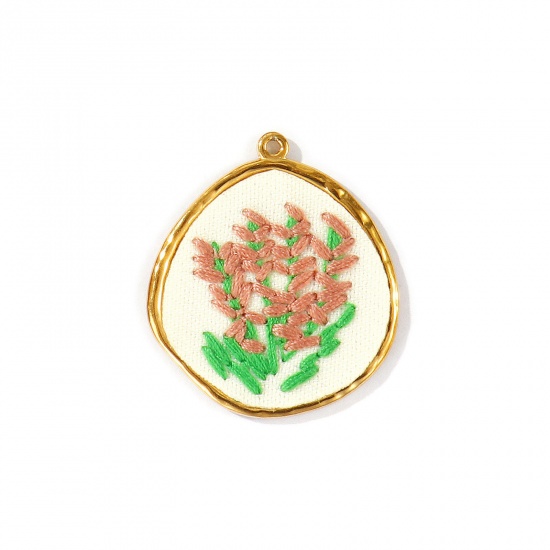 Immagine di 1 Pz PVD Ecologica Anti-Ossidante Ipoallergenico 304 Acciaio Inossidabile Ciondoli Pendenti All'Ingrosso 18K Vero Oro Placcato Marrone Chiaro Goccia Fiore Fatto Ricamato 3.3cm x 2.9cm