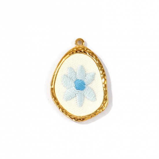 Immagine di 1 Pz PVD Ecologica Anti-Ossidante Ipoallergenico 304 Acciaio Inossidabile Ciondoli Pendenti All'Ingrosso 18K Vero Oro Placcato Blu Chiaro Ovale Fiore Fatto Ricamato 3.7cm x 2.5cm