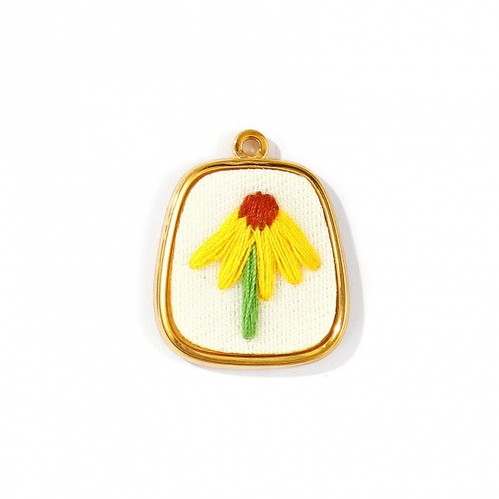 Immagine di 1 Pz PVD Ecologica Anti-Ossidante Ipoallergenico 304 Acciaio Inossidabile Ciondoli All'Ingrosso 18K Vero Oro Placcato Giallo Trapezoide Fiore Fatto Ricamato 27mm x 22mm