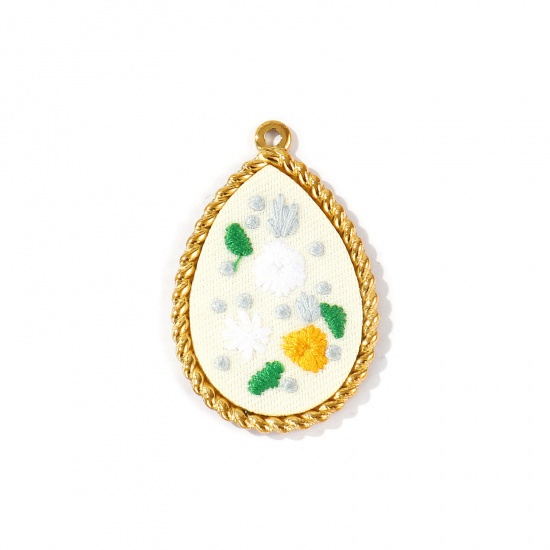Immagine di 1 Pz PVD Ecologica Anti-Ossidante Ipoallergenico 304 Acciaio Inossidabile Ciondoli Pendenti All'Ingrosso 18K Vero Oro Placcato Bianco Goccia Fiore Fatto Ricamato 4.5cm x 3cm