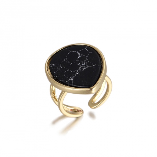Picture of Wholesale Women's Gift Black Open Adjustable Rings, 18K Real Gold Plated Gemstone & Brass, Eco-friendly Geometric Stylish Jewelry Supply, 16.9mm(US Size 6.5), 1 Piece