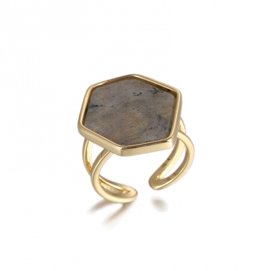 Picture of Wholesale Women's Gift Hexagon Gray Open Adjustable Rings, 18K Real Gold Plated Gemstone & Brass, Eco-friendly Geometric Stylish Jewelry Supply, 16.9mm(US Size 6.5), 1 Piece