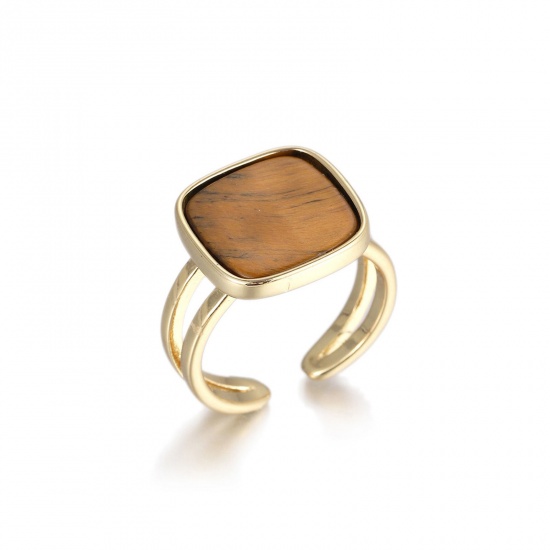 Picture of Wholesale Women's Gift Square Brown Open Adjustable Rings, 18K Real Gold Plated Gemstone & Brass, Eco-friendly Geometric Stylish Jewelry Supply, 16.9mm(US Size 6.5), 1 Piece