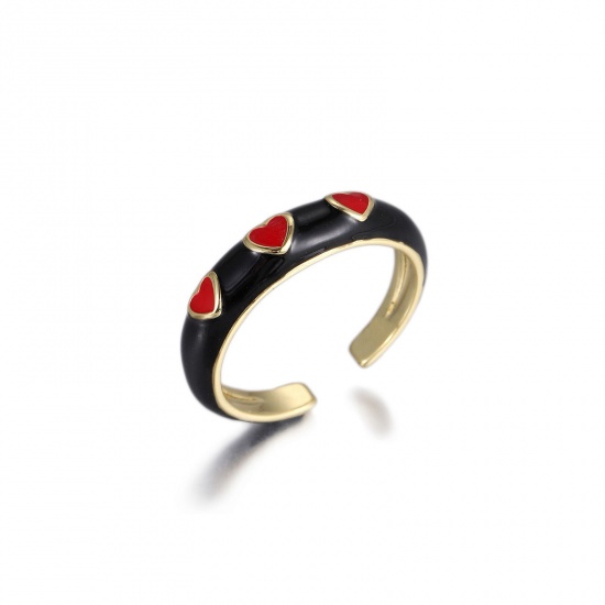 Picture of Wholesale Women's Gift Heart Black Enamel Open Adjustable Rings, 18K Real Gold Plated Brass, Eco-friendly Valentine's Day Stylish Jewelry Supply, 17.1mm(US size 6.75), 1 Piece