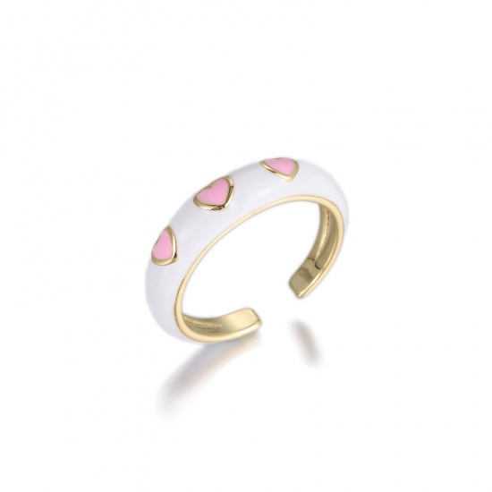 Picture of Wholesale Women's Gift Heart White Enamel Open Adjustable Rings, 18K Real Gold Plated Brass, Eco-friendly Valentine's Day Stylish Jewelry Supply, 17.1mm(US size 6.75), 1 Piece