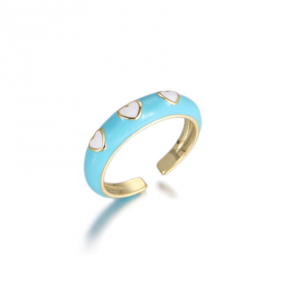 Picture of Wholesale Women's Gift Heart Blue Enamel Open Adjustable Rings, 18K Real Gold Plated Brass, Eco-friendly Valentine's Day Stylish Jewelry Supply, 17.1mm(US size 6.75), 1 Piece
