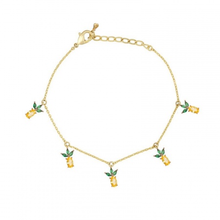 Bild von Großhandel Obst Ananas Bunt Kubisches Zirkonia Messing Station Fußkettchen, 18K Vergoldet Frauen Stilvoll Süß Geschenk Schmuckbedarf, 22cm + 3cm lang, 1 Strang