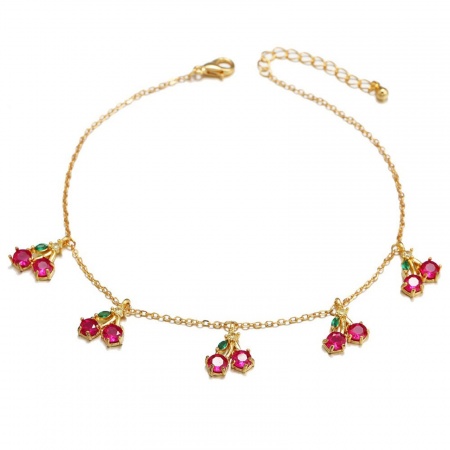 Bild von Großhandel Obst Kirsche Bunt Kubisches Zirkonia Messing Station Fußkettchen, 18K Vergoldet Frauen Stilvoll Süß Geschenk Schmuckbedarf, 22cm + 3cm lang, 1 Strang