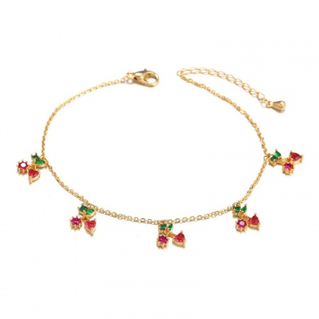 Bild von Großhandel Obst Kirsche Bunt Kubisches Zirkonia Messing Station Fußkettchen, 18K Vergoldet Frauen Stilvoll Süß Geschenk Schmuckbedarf, 22cm + 3cm lang, 1 Strang