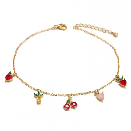 Bild von Großhandel Obst Bunt Kubisches Zirkonia Messing Station Fußkettchen, 18K Vergoldet Frauen Stilvoll Süß Geschenk Schmuckbedarf, 22cm + 3cm lang, 1 Strang