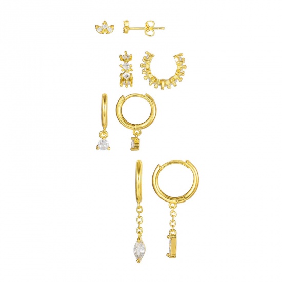 Picture of Wholesale Simple Ins Style Ear Post Stud Earrings Set, Clear Cubic Zirconia 18K Gold Plated Brass, Women's Gift Jewelry Supply, 3cm, 1 Set