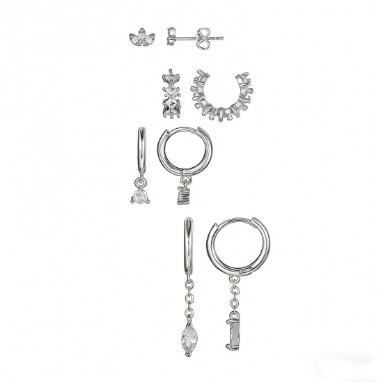 Picture of Wholesale Simple Ins Style Ear Post Stud Earrings Set, Clear Cubic Zirconia Platinum Plated Brass, Women's Gift Jewelry Supply, 3cm, 1 Set