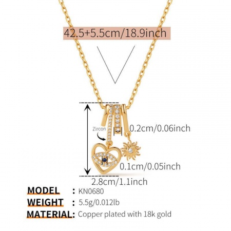 Picture of Wholesale Eye Sun Clear Cubic Zirconia Pendant Charm Necklace, 18K Gold Plated Brass Women's Stylish Exquisite Gift Jewelry For Retailer, 42.5cm(16.7") + 5.5cm(2.2") long, 1 Piece