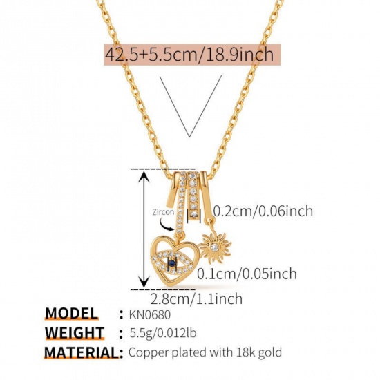 Imagen de Ojo Sol Claro Circón Artificial Collar con Colgante Al Por Mayor, Chapado en Oro de 18K Latón Mujeres Elegante Exquisito Regalo Joyería Para Minorista, 42.5cm + 5.5cm longitud, 1 Unidad