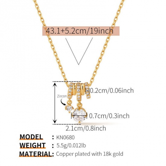 Imagen de Ronda Claro Circón Artificial Collar con Colgante Al Por Mayor, Chapado en Oro de 18K Latón Mujeres Elegante Exquisito Regalo Joyería Para Minorista, 43.1cm + 5.2cm longitud, 1 Unidad