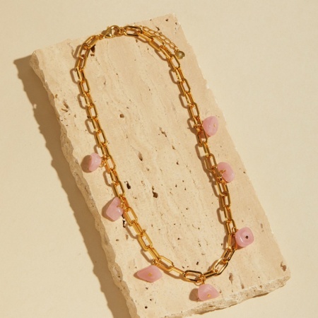 Picture of Wholesale Pink Natural Stone Necklace, 18K Gold Plated Brass Women's Stylish Bohemia Boho Gift Jewelry For Retailer, 43.3cm(17") + 5.3cm(2.1") long, 1 Piece