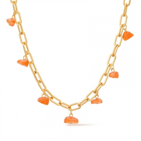 Picture of Wholesale Orange Natural Stone Necklace, 18K Gold Plated Brass Women's Stylish Bohemia Boho Gift Jewelry For Retailer, 43.3cm(17") + 5.3cm(2.1") long, 1 Piece