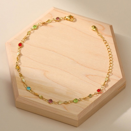 Imagen de Multicolor Rhinestone Latón Tobilleras Al Por Mayor, Chapado en Oro de 18K Mujeres Elegante Retro Regalo Suministro de Joyería, 22cm + 6cm longitud, 1 Unidad