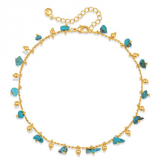 Bild von Großhandel Naturstein Messing Fußketten, 18K Vergoldet Frauen Stilvoll Böhmen Geschenk Schmuckbedarf, 21cm + 6cm lang, 1 Strang