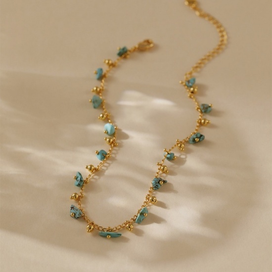 Bild von Großhandel Naturstein Messing Fußketten, 18K Vergoldet Frauen Stilvoll Böhmen Geschenk Schmuckbedarf, 21cm + 6cm lang, 1 Strang