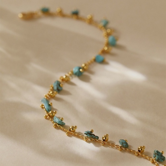 Bild von Großhandel Naturstein Messing Fußketten, 18K Vergoldet Frauen Stilvoll Böhmen Geschenk Schmuckbedarf, 21cm + 6cm lang, 1 Strang