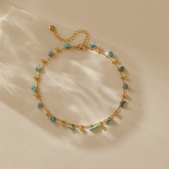 Bild von Großhandel Naturstein Messing Fußketten, 18K Vergoldet Frauen Stilvoll Böhmen Geschenk Schmuckbedarf, 21cm + 6cm lang, 1 Strang