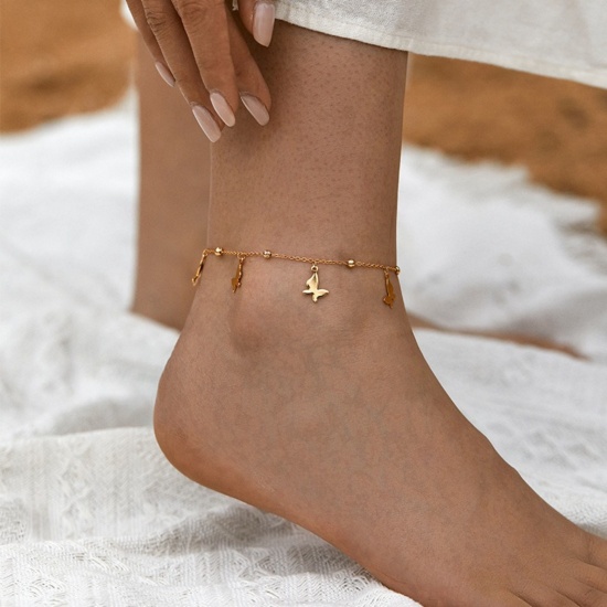 Bild von Großhandel Messing Fußketten, 18K Vergoldet Frauen Stilvoll Böhmen Geschenk Schmuckbedarf, 22cm + 6cm lang, 1 Strang