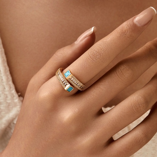 Picture of Wholesale Women's Gift Clear & Blue Cubic Zirconia Open Adjustable Rings, 18K Gold Plated Brass, Stylish Retro Jewelry Supply, 17.3mm(US Size 7), 1 Piece