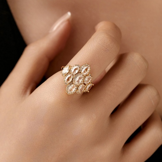 Picture of Wholesale Women's Gift Clear Cubic Zirconia Open Adjustable Rings, 18K Gold Plated Brass, Stylish Retro Jewelry Supply, 17.3mm(US Size 7), 1 Piece