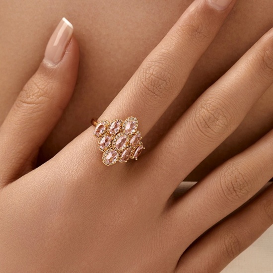 Picture of Wholesale Women's Gift Pink Cubic Zirconia Open Adjustable Rings, 18K Gold Plated Brass, Stylish Retro Jewelry Supply, 17.3mm(US Size 7), 1 Piece