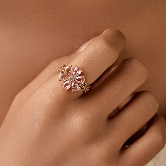 Picture of Wholesale Women's Gift Pink Cubic Zirconia Open Adjustable Rings, 18K Gold Plated Brass, Stylish Retro Jewelry Supply, 17.3mm(US Size 7), 1 Piece