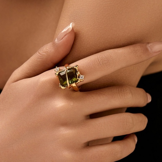 Picture of Wholesale Women's Gift Olive Green Cubic Zirconia Open Adjustable Rings, 18K Gold Plated Brass, Stylish Retro Jewelry Supply, 17.3mm(US Size 7), 1 Piece
