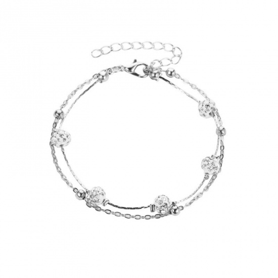 Bild von Großhandel Transparent Strassstein Messing Mehrschichtige Fußkette, Silberfarbe Frauen Pave Perlen Stil Stilvoll Geschenk Schmuckbedarf, 20cm + 5cm lang, 1 Strang