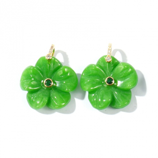 Imagen de 1 Unidad Gema & Latón Colgantes Al Por Mayor Chapado en Oro de 18K Verde Oscuro Flor Verde Circón Artificial 29mm x 25mm