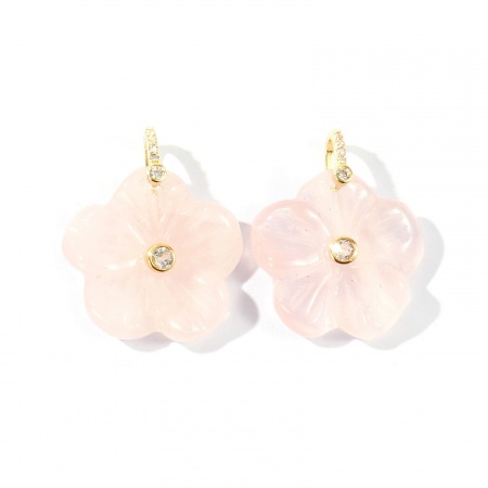 Picture of 1 Piece Gemstone & Brass Charms Wholesale 18K Gold Plated Light Pink Flower Clear Cubic Zirconia 29mm x 25mm