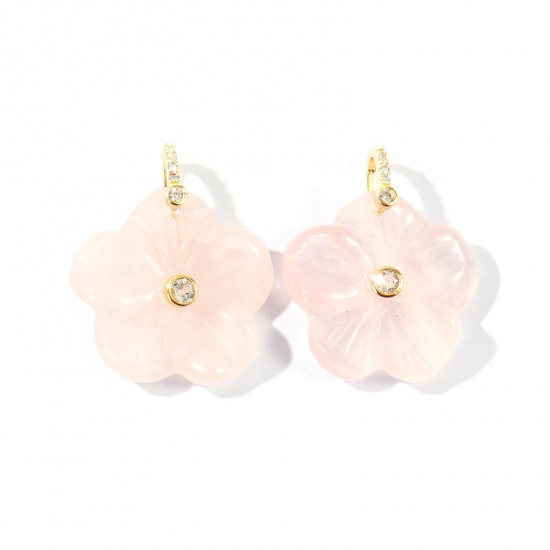Imagen de 1 Unidad Gema & Latón Colgantes Al Por Mayor Chapado en Oro de 18K Color rosa Flor Claro Circón Artificial 29mm x 25mm