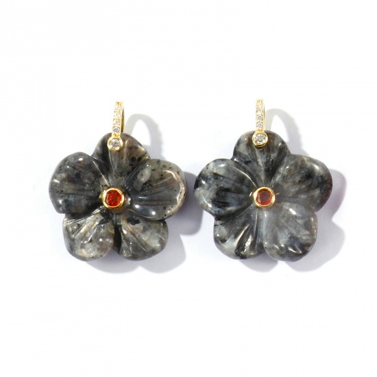 Imagen de 1 Unidad Gema & Latón Colgantes Al Por Mayor Chapado en Oro de 18K Negro Flor Marrón Circón Artificial 29mm x 25mm