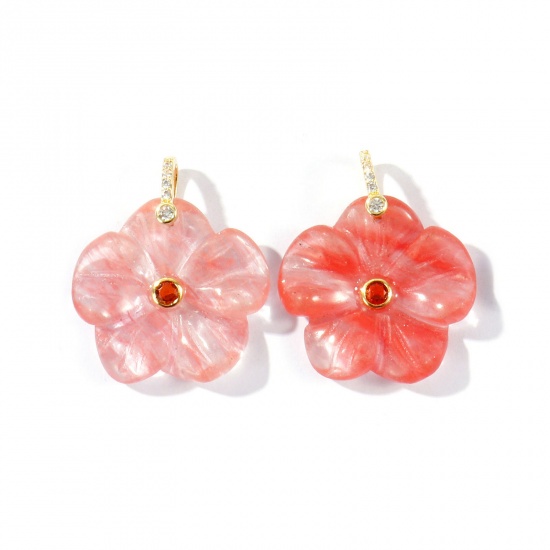 Imagen de 1 Unidad Gema & Latón Colgantes Al Por Mayor Chapado en Oro de 18K Rojo Flor Marrón Circón Artificial 29mm x 25mm
