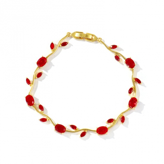 Picture of Wholesale Tulip Flower Red Cubic Zirconia Brass Bracelets, 18K Real Gold Plated Eco-friendly, Women's Stylish Dainty Gift Jewelry Supply, 20cm(7.9") long, 1 Piece