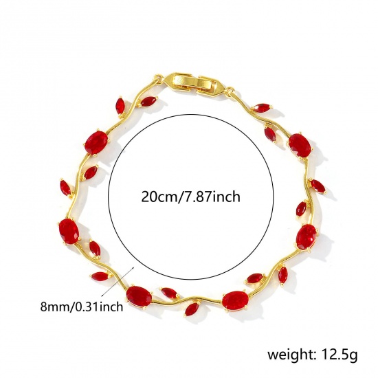 Picture of Wholesale Tulip Flower Red Cubic Zirconia Brass Bracelets, 18K Real Gold Plated Eco-friendly, Women's Stylish Dainty Gift Jewelry Supply, 20cm(7.9") long, 1 Piece