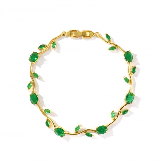Picture of Wholesale Tulip Flower Green Cubic Zirconia Brass Bracelets, 18K Real Gold Plated Eco-friendly, Women's Stylish Dainty Gift Jewelry Supply, 20cm(7.9") long, 1 Piece