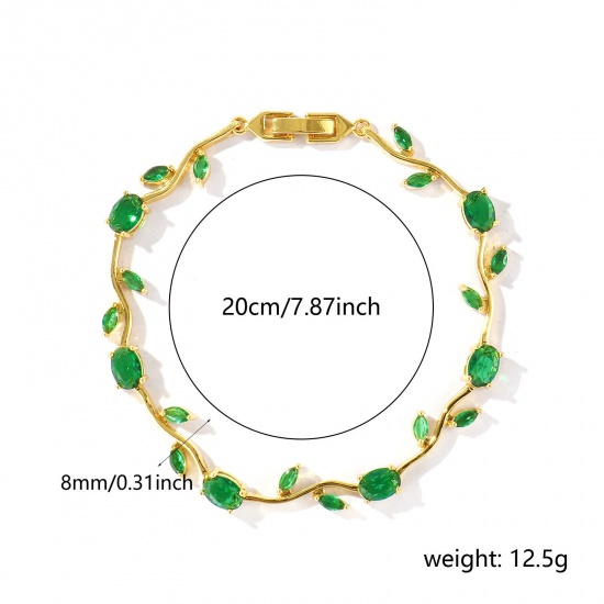 Picture of Wholesale Tulip Flower Green Cubic Zirconia Brass Bracelets, 18K Real Gold Plated Eco-friendly, Women's Stylish Dainty Gift Jewelry Supply, 20cm(7.9") long, 1 Piece